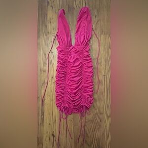 Ruched Drawstring's V Plunge Mini XS Dress in Hot Pink Lucy in the Sky